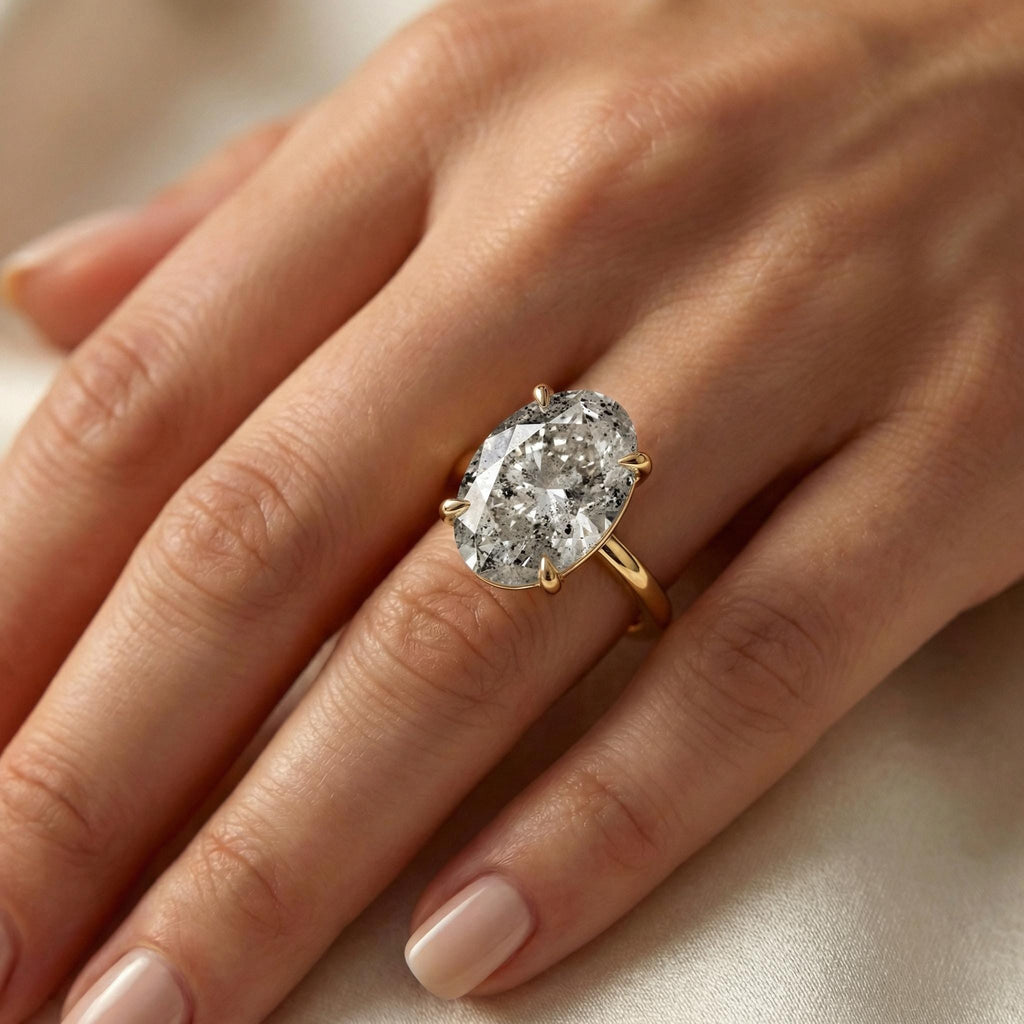 Salt and Pepper Diamond Galaxy Engagement Ring - Raw Diamond - Salt Pepper Diamond - OOAK Ring - Grey Diamond - Oval Diamond - Gray 5ct