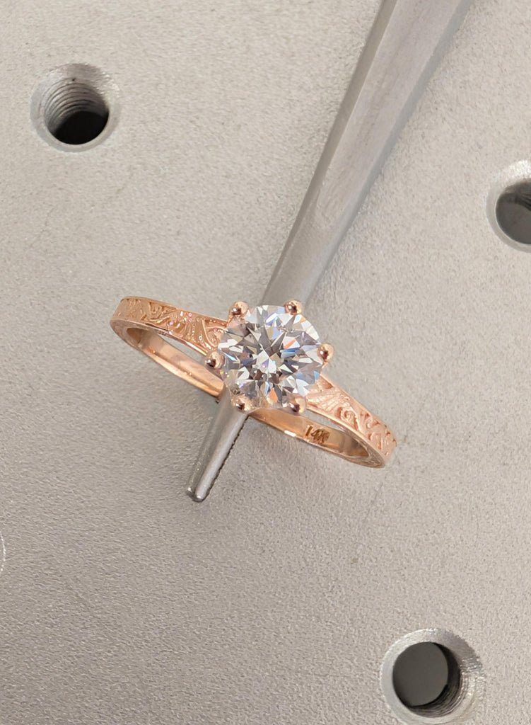 14K Rose Gold Lab Diamond Engagement Ring, Filigree Bridal Ring, Round Certified Diamond Ring, Wedding Ring, Art Deco Promise Ring For Her
