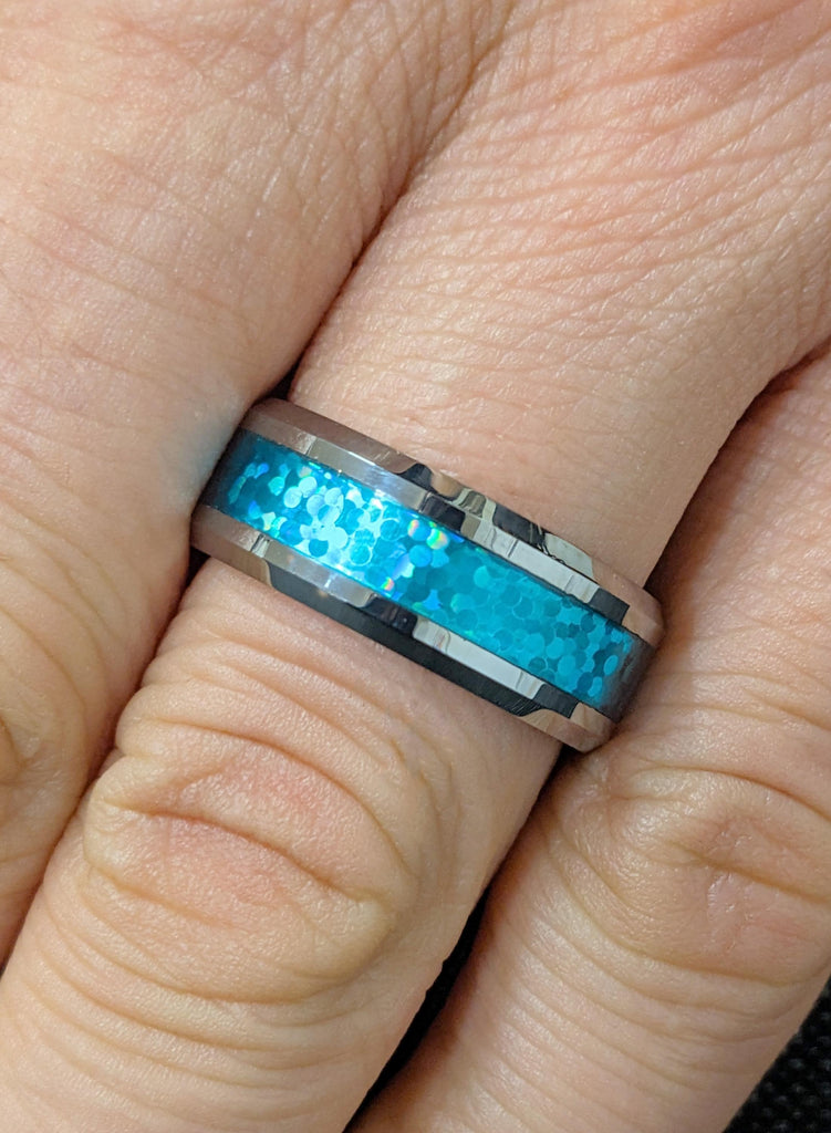 Men's Blue Opal Tungsten Wedding Band, 8mm Comfort Fit Anniversary Ring, Men's Jewelry