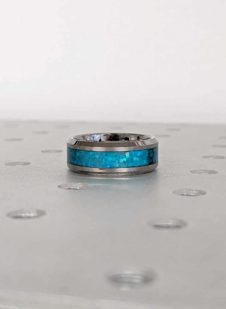 Blue Opal Tungsten Wedding Band for Men, 8mm Flat Comfort Fit Ring, Polished Tungsten Carbide Band, Modern Anniversary Promise Ring Gift