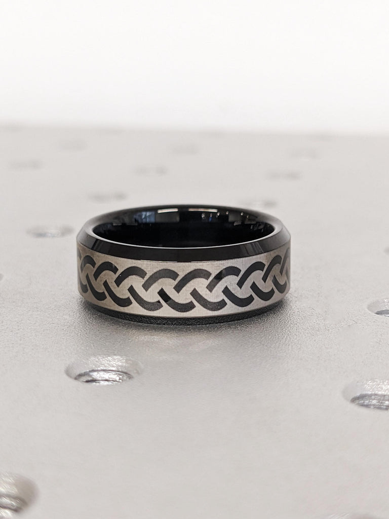 Black Silver Tungsten Ring, Men's Tungsten Carbide Ring, Unisex Wedding Band, Custom Engraved Ring, Beveled Edge Wedding Band