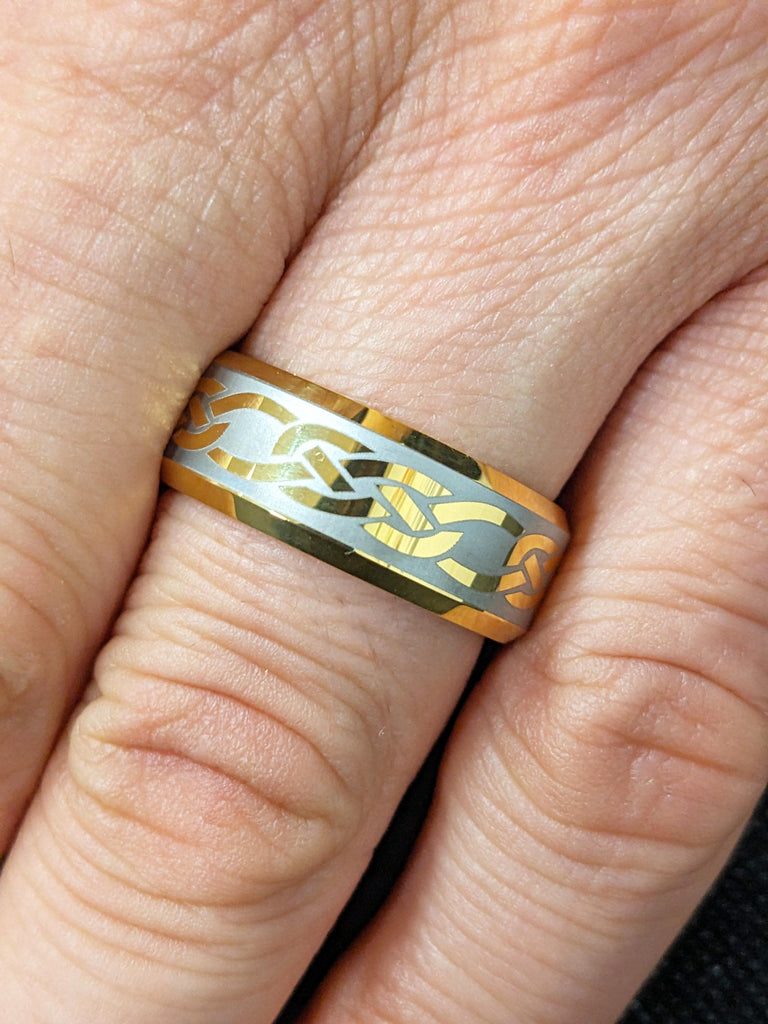 Celtic Knot Tungsten Men's Wedding Band, Two Tone Gold Inlay, Comfort Fit, Men's Jewelry