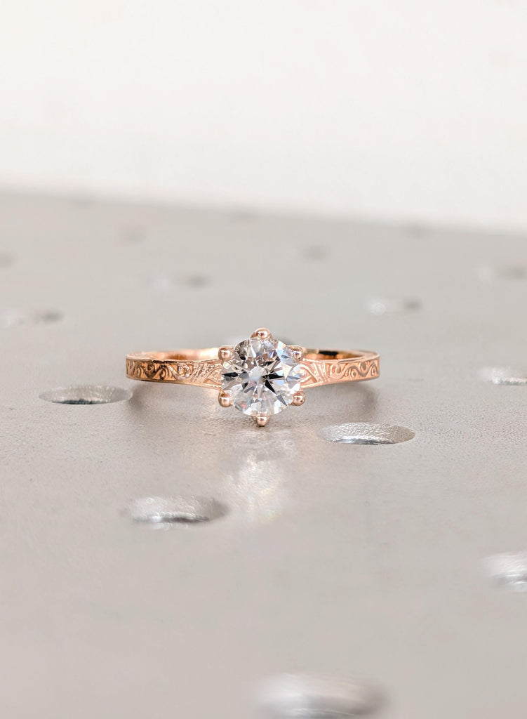 Art Deco Moissanite Engagement Rings, 14k Rose Gold Woman's Wedding Ring, Filigree Round Solitaire Rings, Moissanite Jewelry, Gemstone Rings