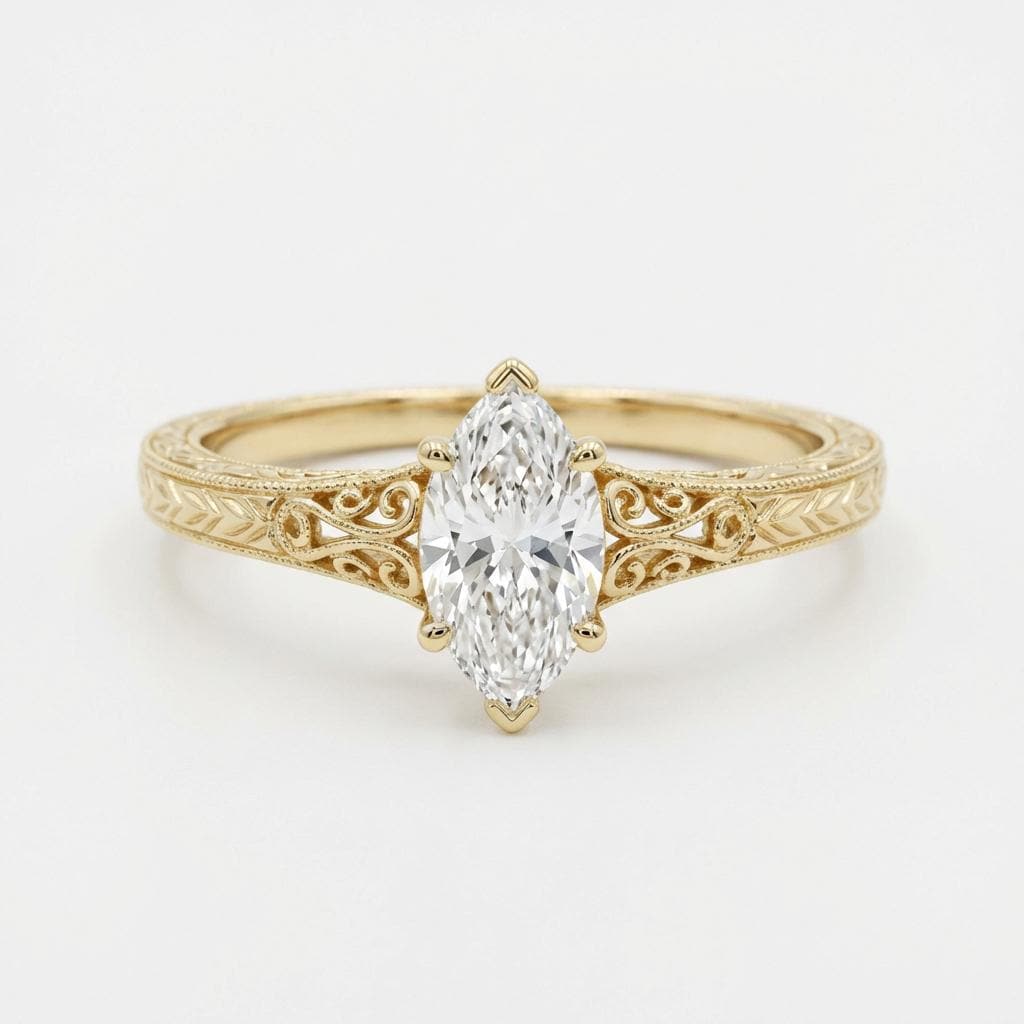 Vintage Style Engagement Ring, Filigree 14k Solid Gold Solitaire Marquise Moissanite Ring image #2