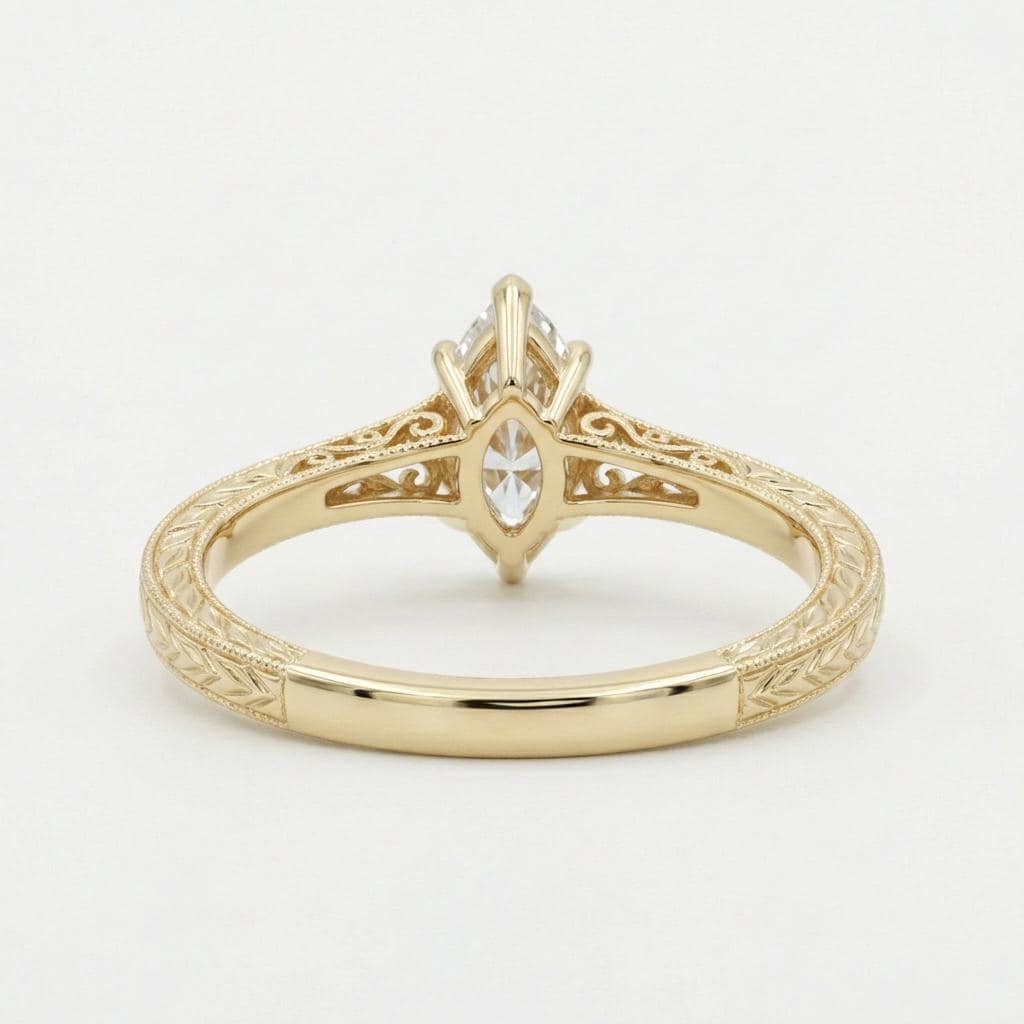 Vintage Style Engagement Ring, Filigree 14k Solid Gold Solitaire Marquise Moissanite Ring image #4