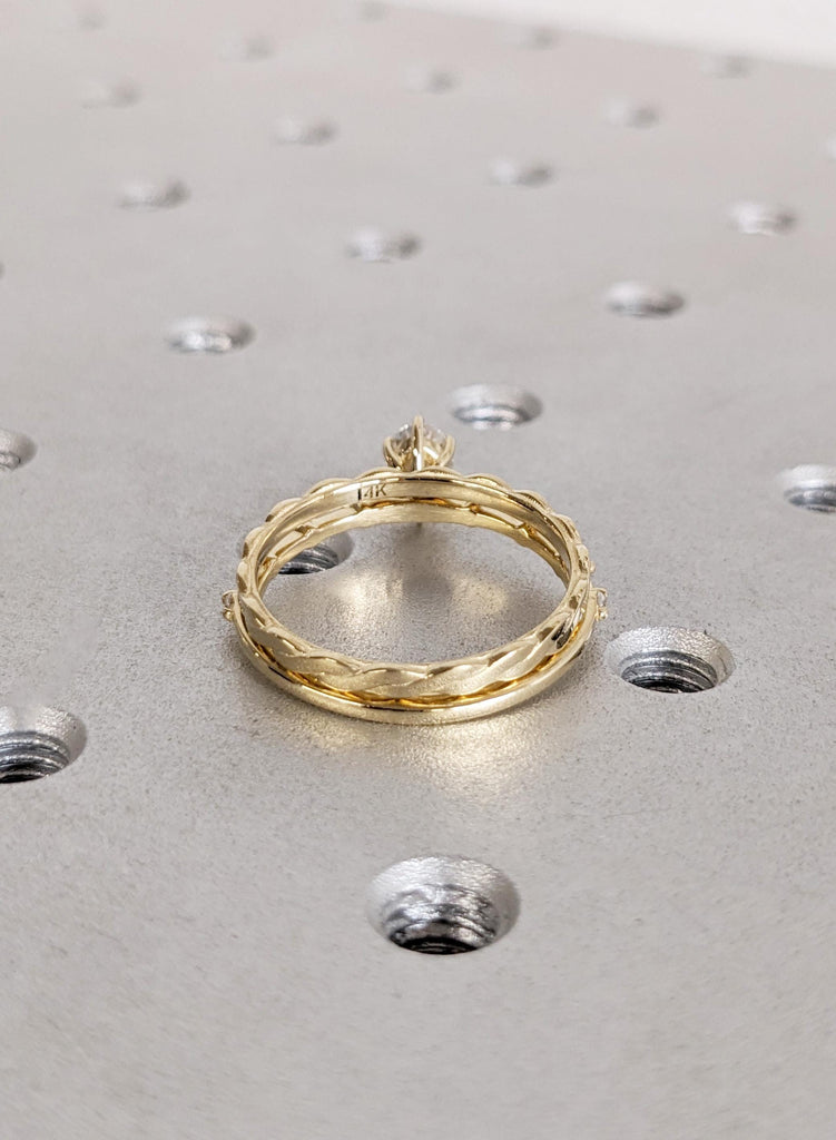 Moissanite Bridal Set in 14K Yellow Gold, Oval Moissanite Engagement Ring with Twisted Matching Wedding Band, Wedding Ring Set, Ring For Her image #6
