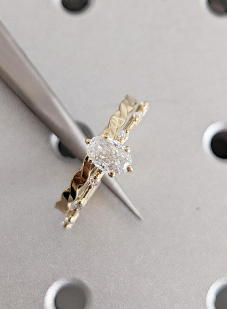Moissanite Bridal Set in 14K Yellow Gold, Oval Moissanite Engagement Ring with Twisted Matching Wedding Band, Wedding Ring Set, Ring For Her image #4
