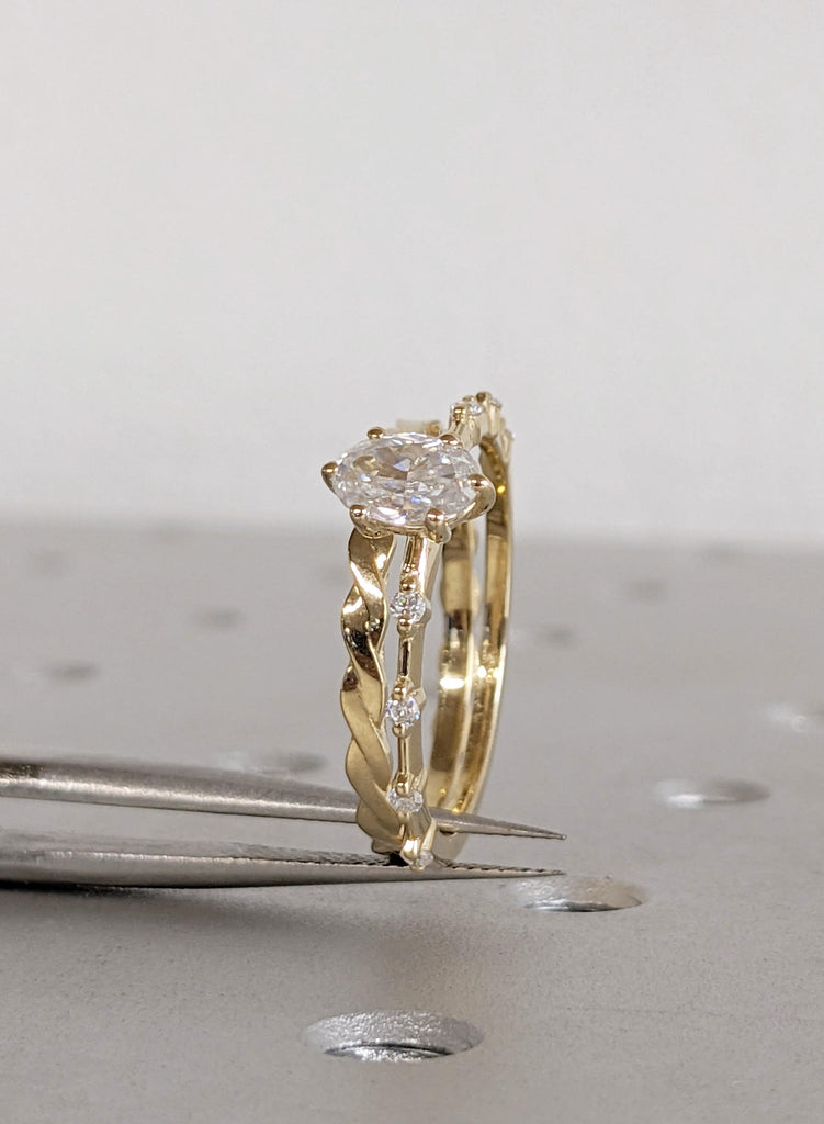 14K Yellow Gold Moissanite Wedding Ring Set, Oval Engagement Ring, Twisted Matching Band, Round Side Diamond, Promise Ring, Bridal Ring Set image #10