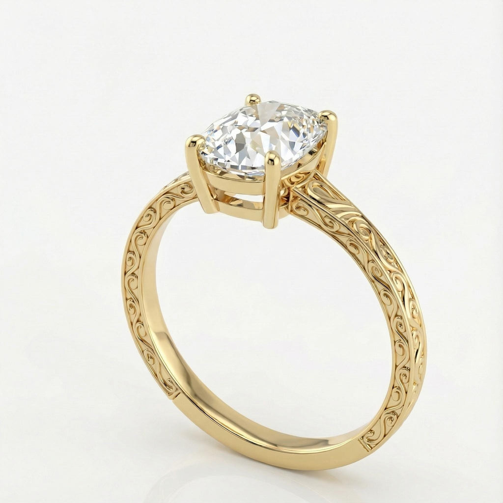 Vintage Old Mine cut Engagement Ring in 14k Yellow Gold: 2.5-6ct Elongated Cushion Certified Lab Created Diamond Solitaire image #2