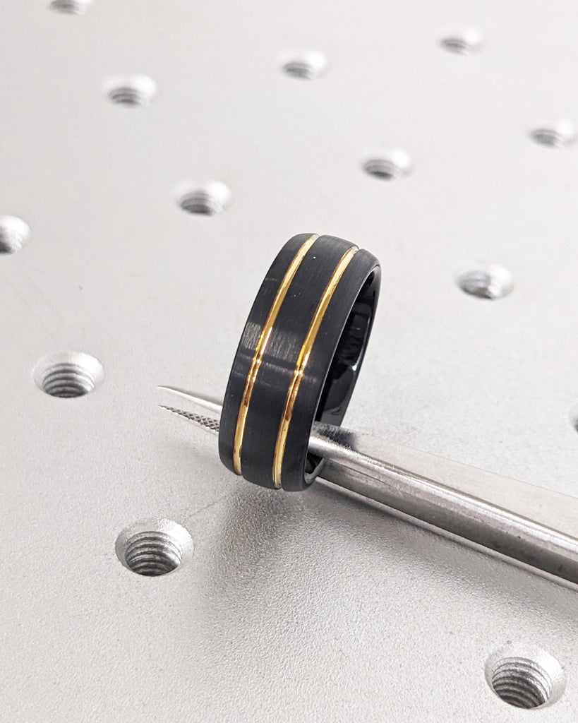 Brushed Black Tungsten Ring: Yellow Gold Plated Inlay, Classic Dome Ring, Mens Wedding Band, Comfort Fit, 8mm Wide