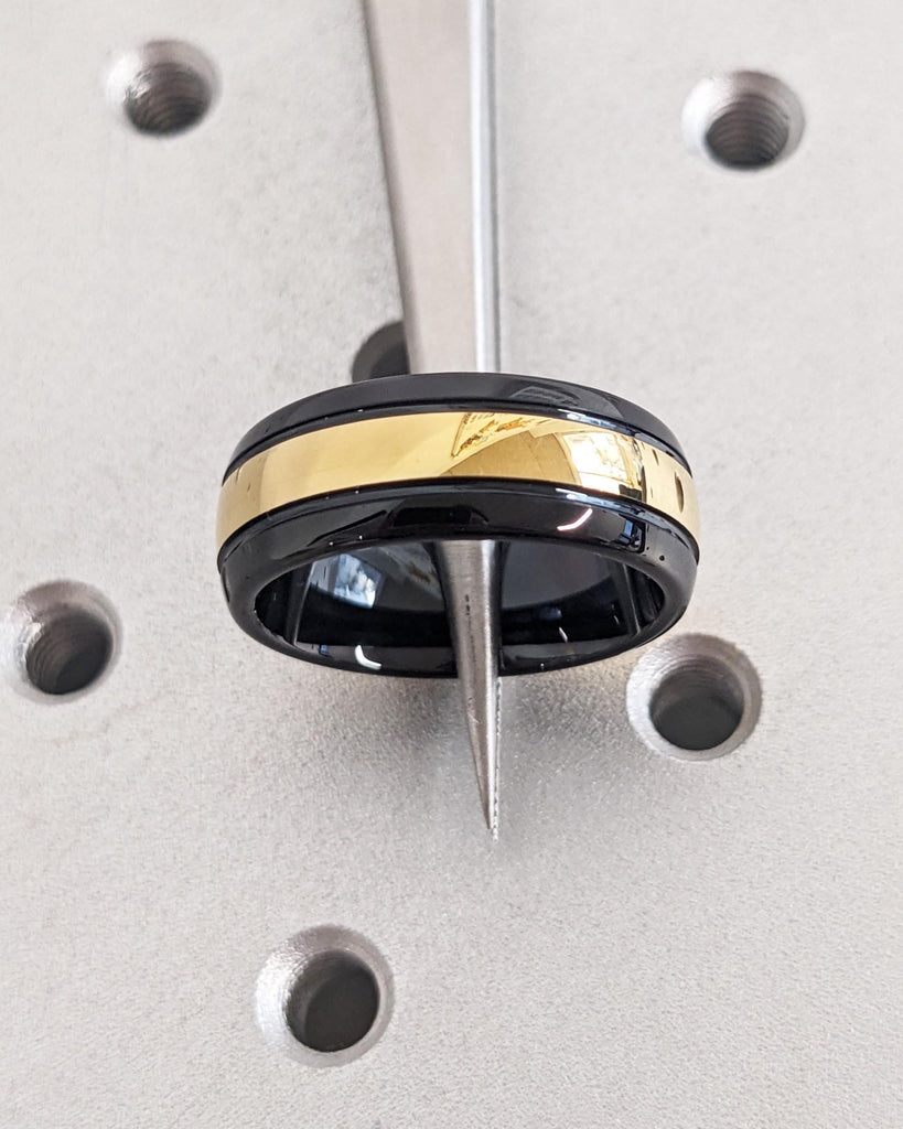 Polished Black Tungsten Ring: Yellow Gold Plated Inlay, Classic Dome Ring, Mens Wedding Band, Comfort Fit, 8mm Wide image #6