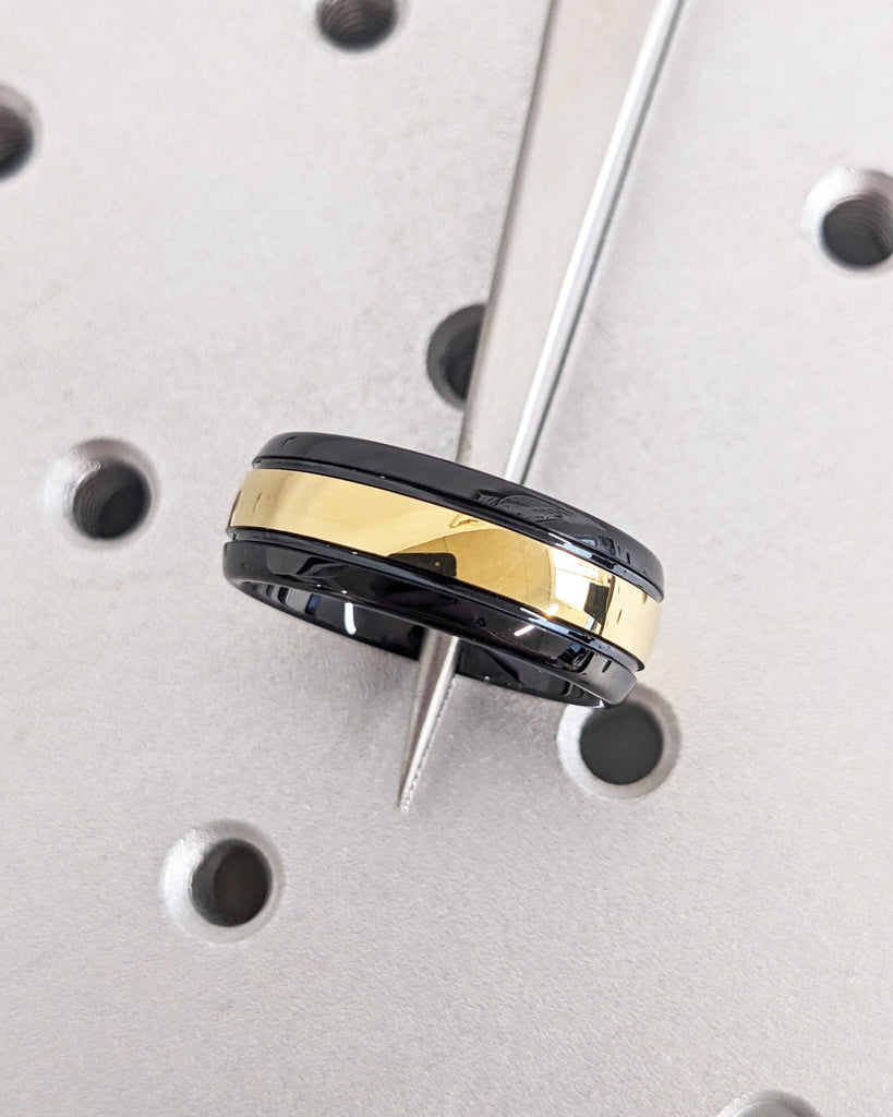 Polished Black Tungsten Ring: Yellow Gold Plated Inlay, Classic Dome Ring, Mens Wedding Band, Comfort Fit, 8mm Wide image #8