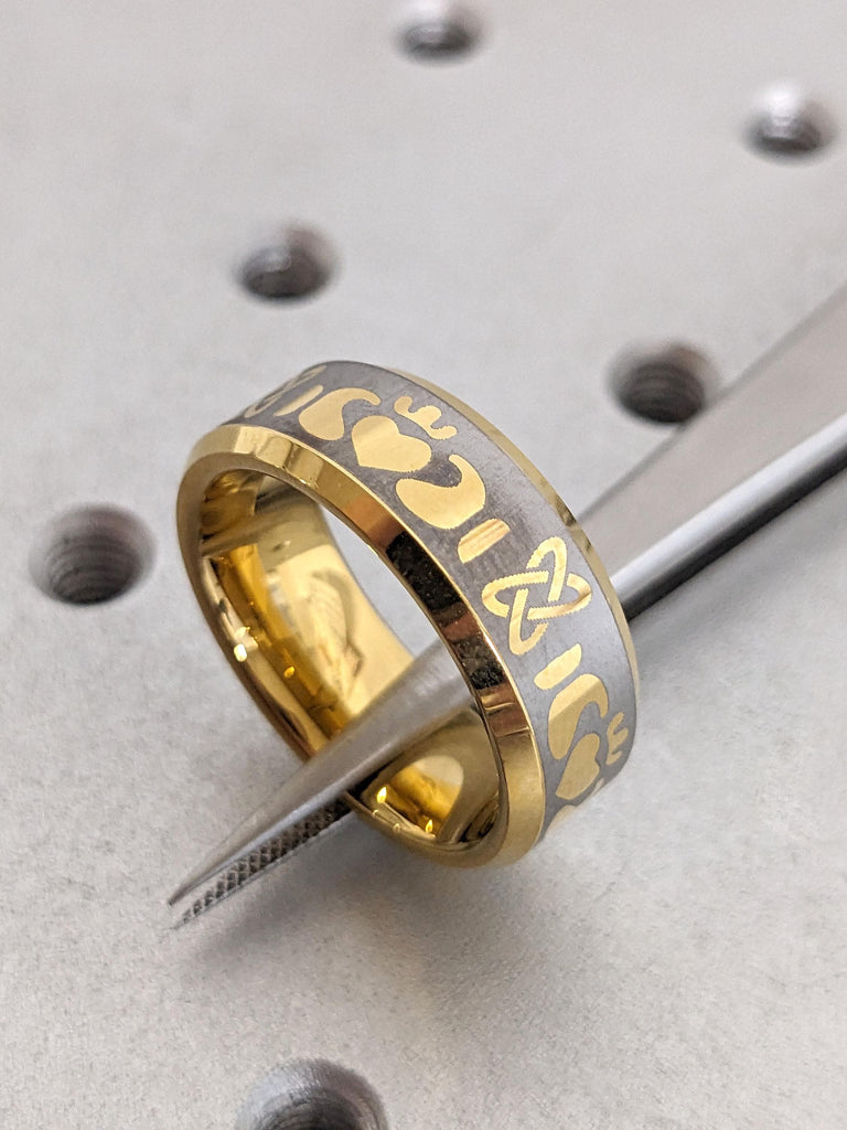 Claddagh Ring | Unique Mens Wedding Bands | Tungsten Carbide Rings | 8MM Beveled Edge Yellow Gold Plated Tungsten Rings for Men