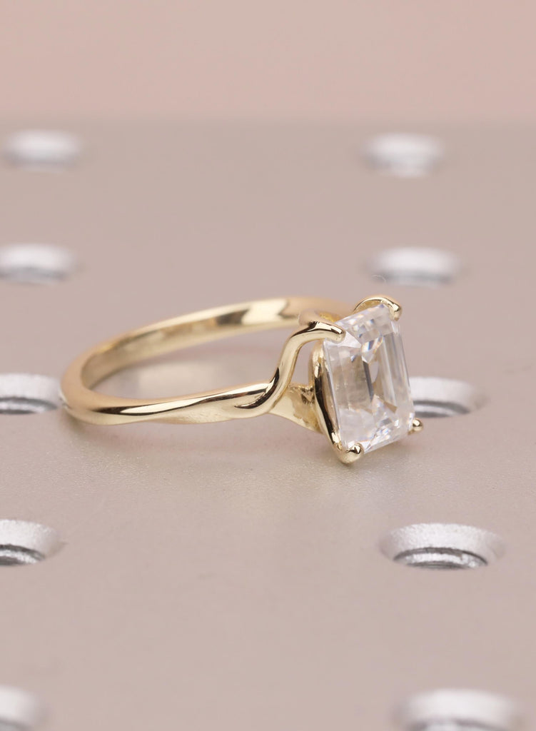 Emerald Cut Moissanite Engagement Ring, 14K Yellow Gold Solitaire Ring, Prong Set Minimalist Promise Ring, Elegant Wedding Ring for Women image #2