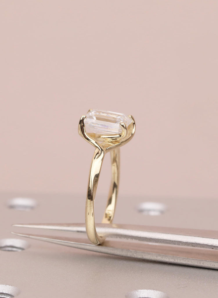 Emerald Cut Moissanite Engagement Ring, 14K Yellow Gold Solitaire Ring, Prong Set Minimalist Promise Ring, Elegant Wedding Ring for Women image #14