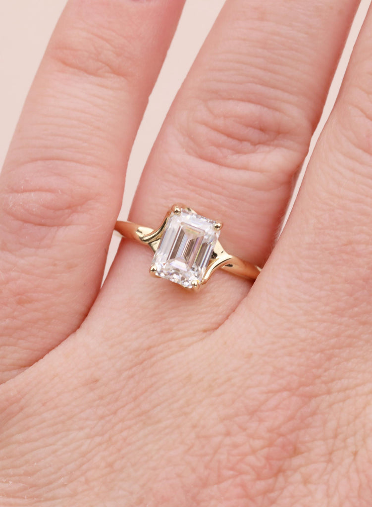 Emerald Cut Moissanite Engagement Ring, 14K Yellow Gold Solitaire Ring, Prong Set Minimalist Promise Ring, Elegant Wedding Ring for Women image #7
