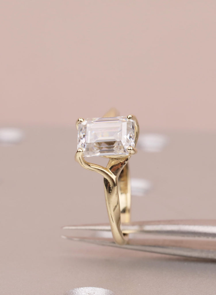 Emerald Cut Lab Diamond Ring in 14K Yellow Gold, Prong Set Fine Jewelry Engagement Ring, Ethical Diamond Solitaire Wedding Ring for Women