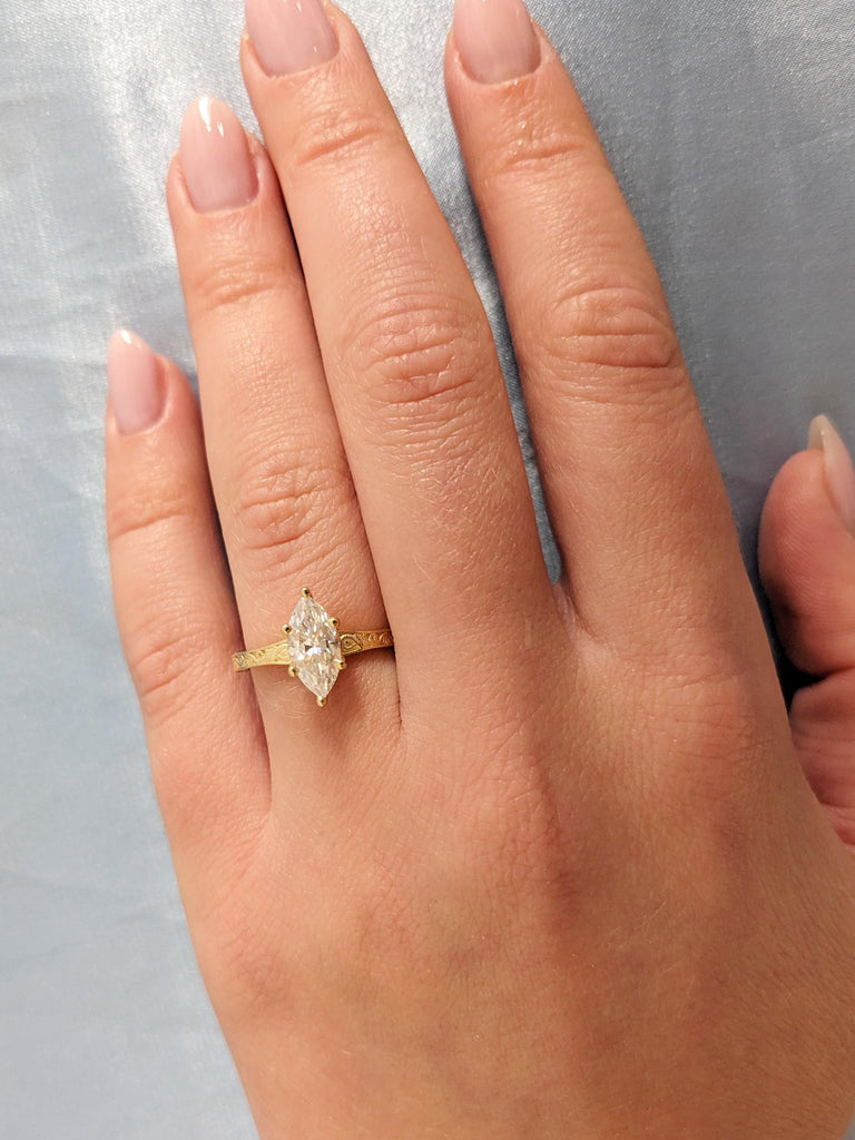 18K Yellow Gold Marquise Lab Diamond Engagement Ring, Solid Gold Vintage Filigree Band, Wedding Heirloom image #7