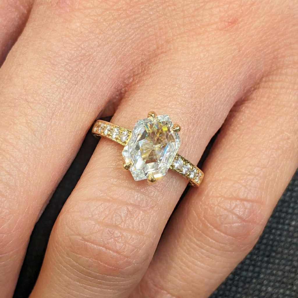 18k Solid Gold Filigree Ring, Vintage Style Hexagon Engagement Ring, Lab Grown Diamond Statement Rings, Round Pave Moissanite Side Stones image #2