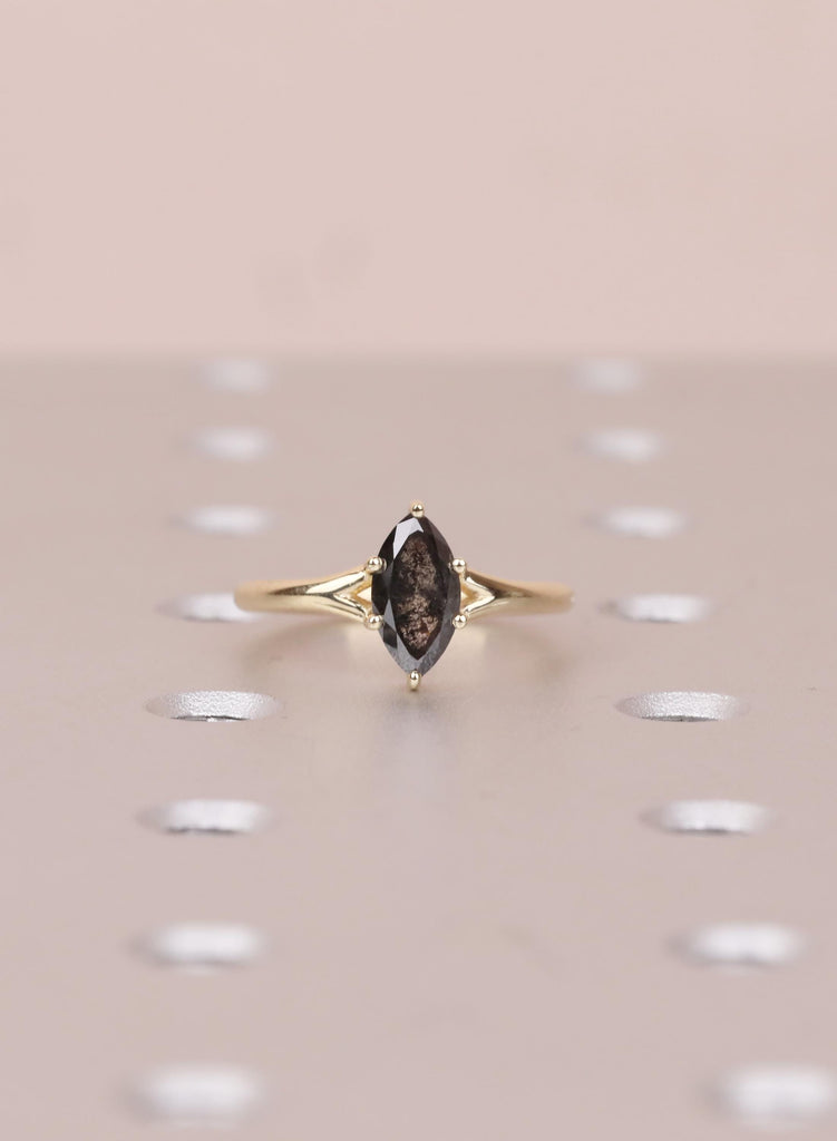 Marquise Salt and Pepper Diamond Engagement Ring, 14k Yellow Gold Split Shank, Diamond Jewelry, Woman's Solitaire Ring, Promise Ring For Her image #3