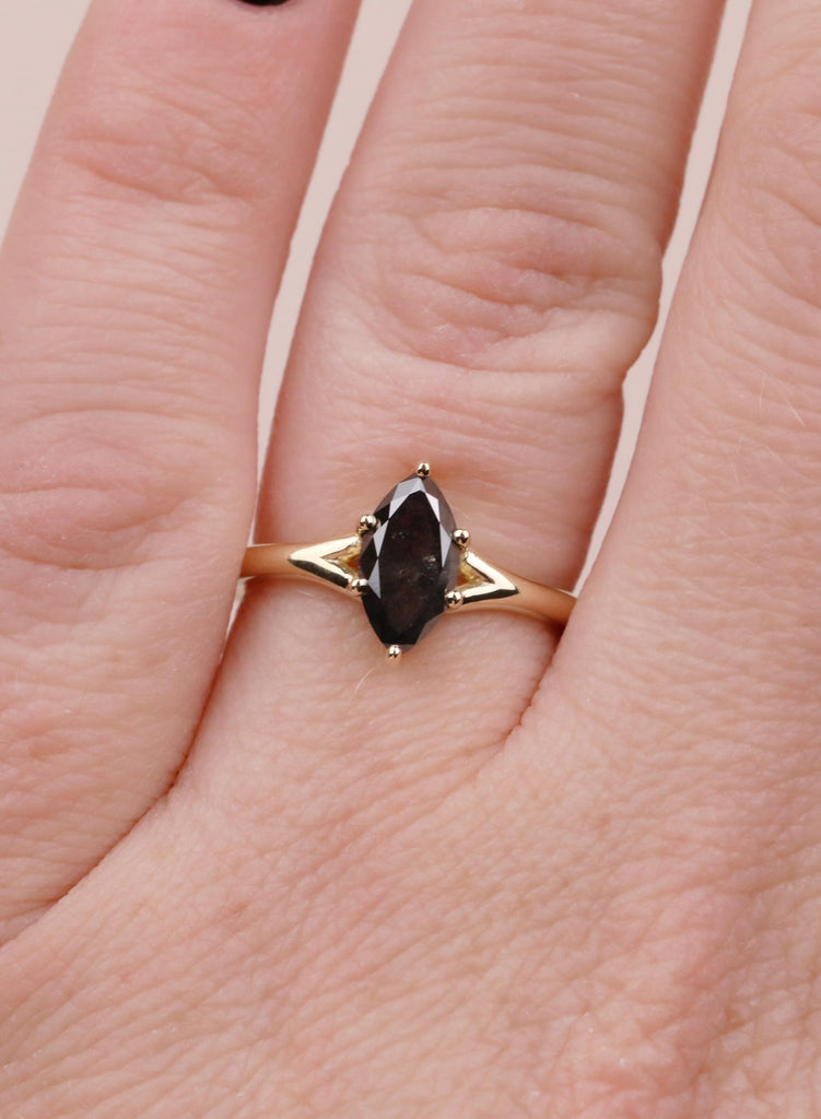 Marquise Salt and Pepper Diamond Engagement Ring, 14k Yellow Gold Split Shank, Diamond Jewelry, Woman's Solitaire Ring, Promise Ring For Her image #9