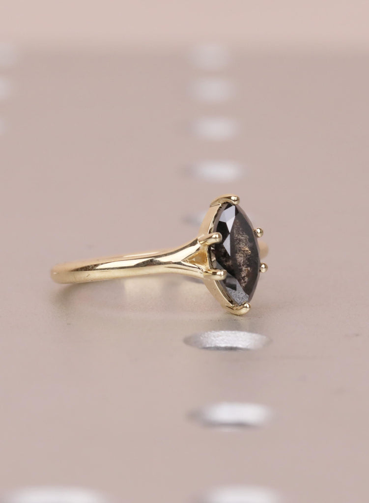 Marquise Salt and Pepper Diamond Engagement Ring, 14k Yellow Gold Split Shank, Diamond Jewelry, Woman's Solitaire Ring, Promise Ring For Her image #8