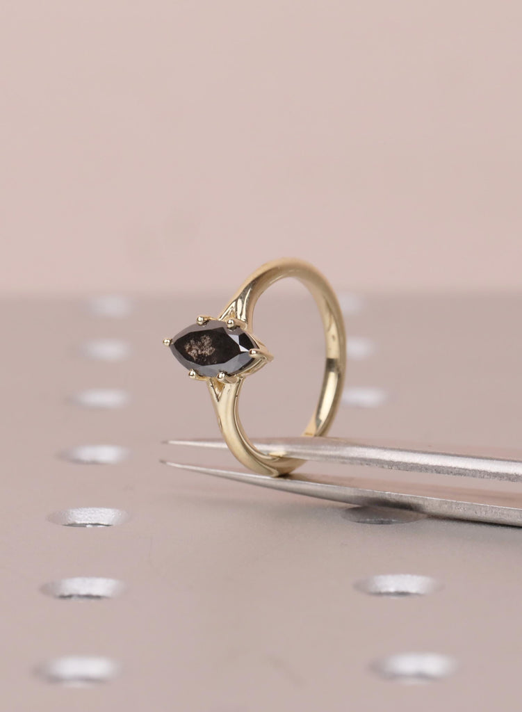 Marquise Salt and Pepper Diamond Engagement Ring, 14k Yellow Gold Split Shank, Diamond Jewelry, Woman's Solitaire Ring, Promise Ring For Her