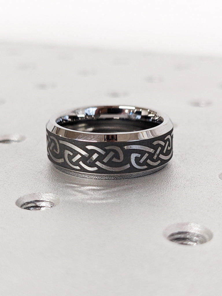 Trinity Celtic Knot Tungsten Ring, Two Tone Men's Engagement Ring, 8mm Beveled Edge, Viking Ring