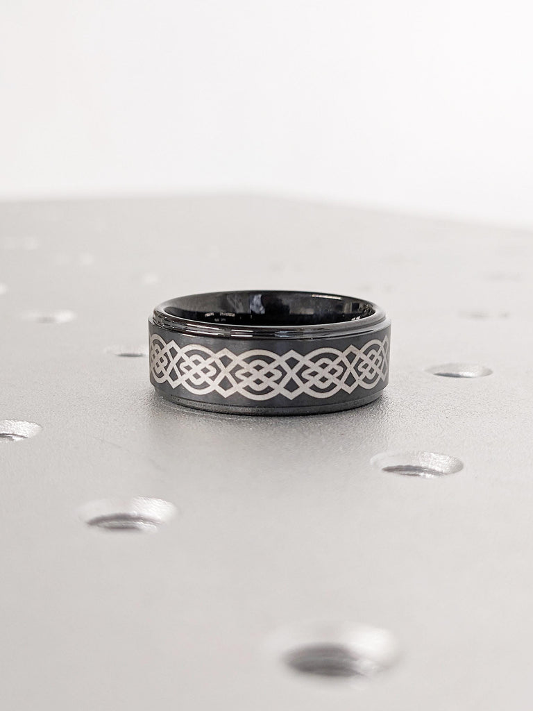 8mm Men's Black Tungsten Ring, Comfort Fit Promise Ring for Him, Brushed Celtic Knot Ring, Engagement Band, Stepped Edge Men's Wedding Band