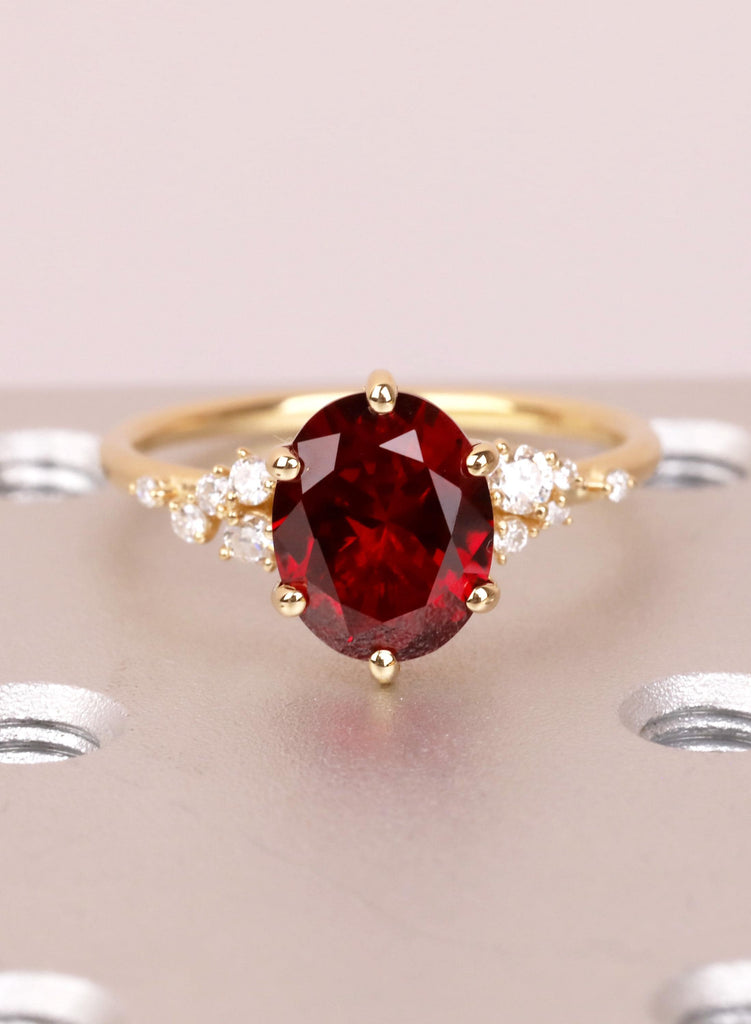 Ruby 18K Yellow Gold Engagement Ring, Diamond Cluster Snowdrift Promise Ring, Red Oval Art Deco Lab Ruby Wedding Ring, Bridal Ring Jewelry