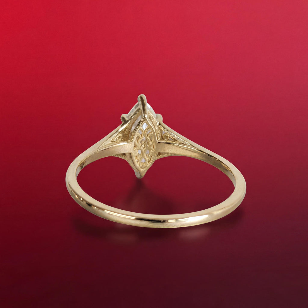 Gold Heirloom Lab Diamond Engagement Ring, Marquise Cut Victorian Filigree Band, Antique Proposal Ring, Women's Wedding Anniversary Ring image #4