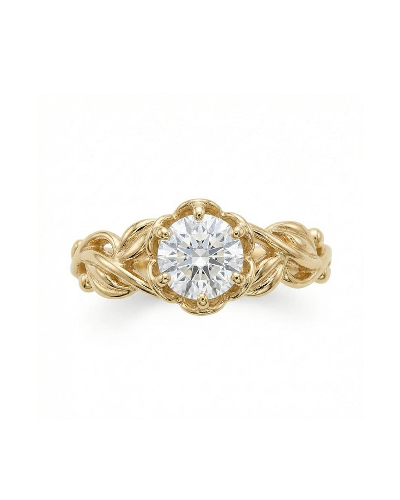 Moissanite Solitaire Art Nouveau Engagement Ring | 14k/18k Solid Gold Branch & Leaf Ring | Delicate Promise Ring Anniversary Gift for Her