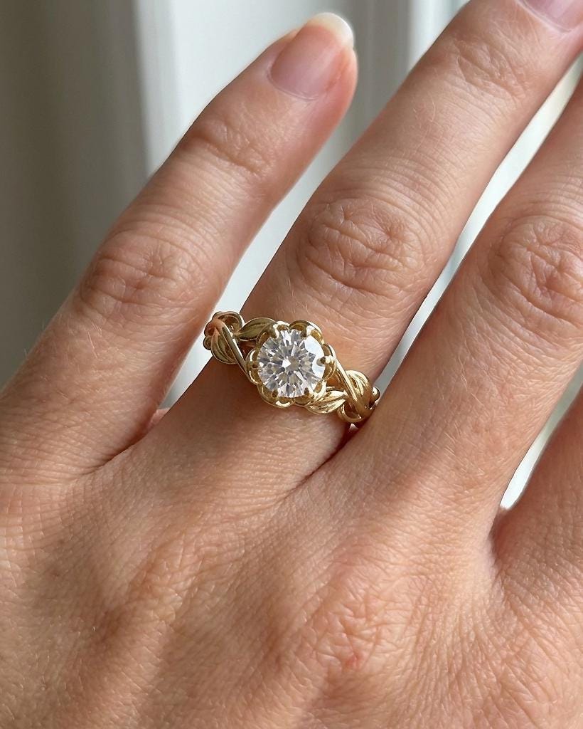 Moissanite Solitaire Art Nouveau Engagement Ring | 14k/18k Solid Gold Branch & Leaf Ring | Delicate Promise Ring Anniversary Gift for Her image #2