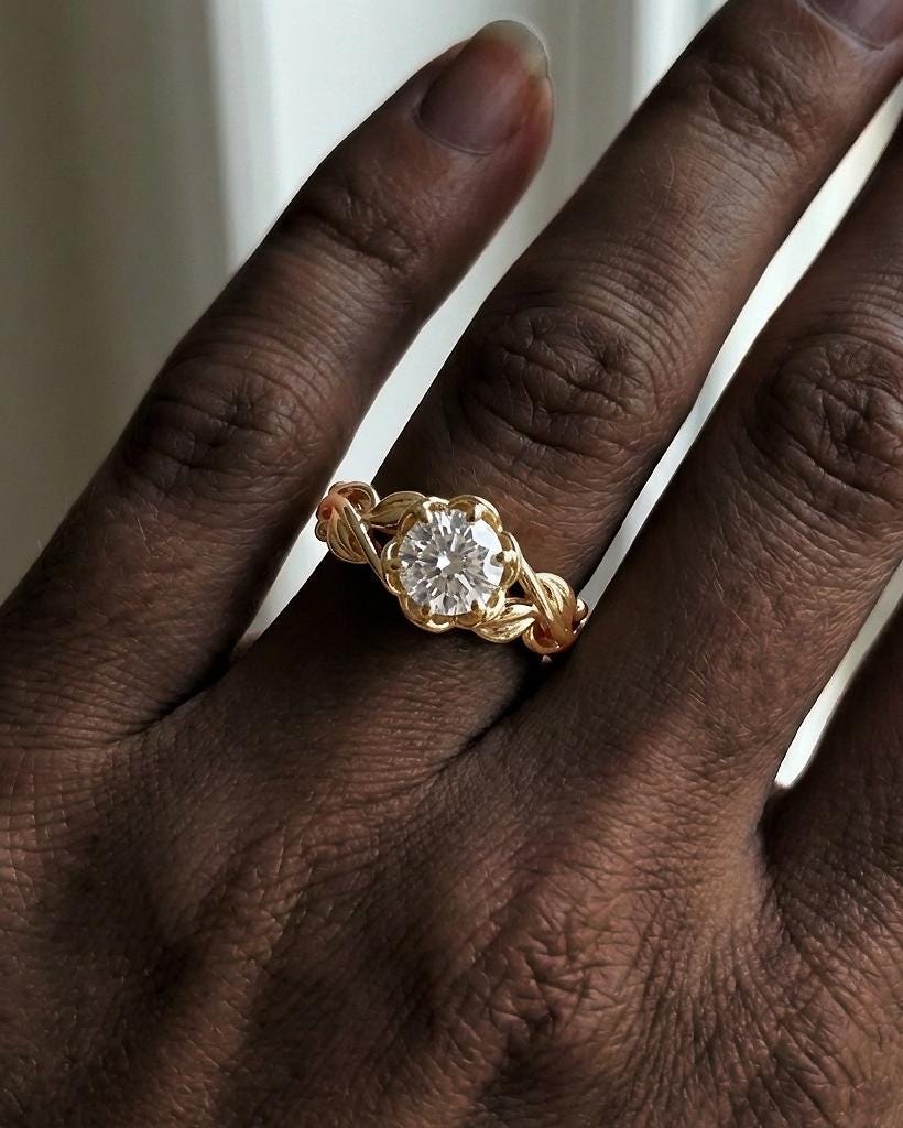 Moissanite Solitaire Art Nouveau Engagement Ring | 14k/18k Solid Gold Branch & Leaf Ring | Delicate Promise Ring Anniversary Gift for Her image #7
