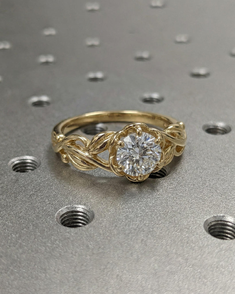 Moissanite Solitaire Art Nouveau Engagement Ring | 14k/18k Solid Gold Branch & Leaf Ring | Delicate Promise Ring Anniversary Gift for Her image #6