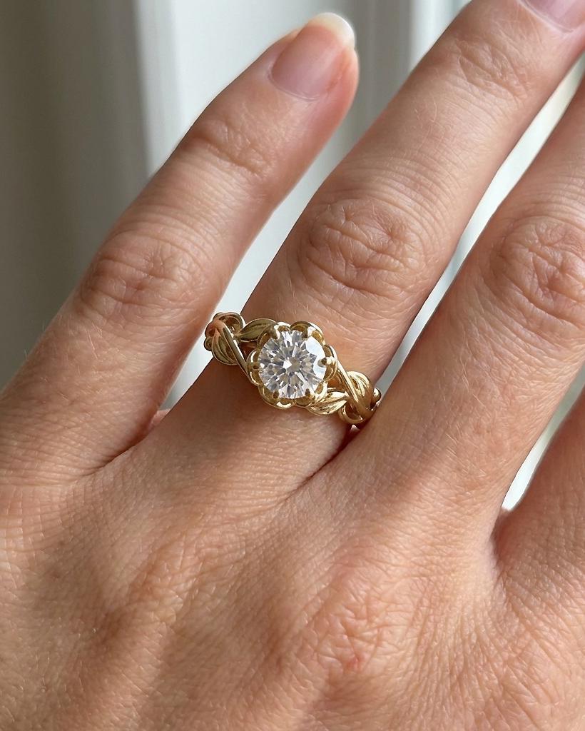 Unique Flower Basket Setting Rustic Bridal Ring: Round cut VVS Moissanite, Yellow Gold Twig and Leaf Band image #1