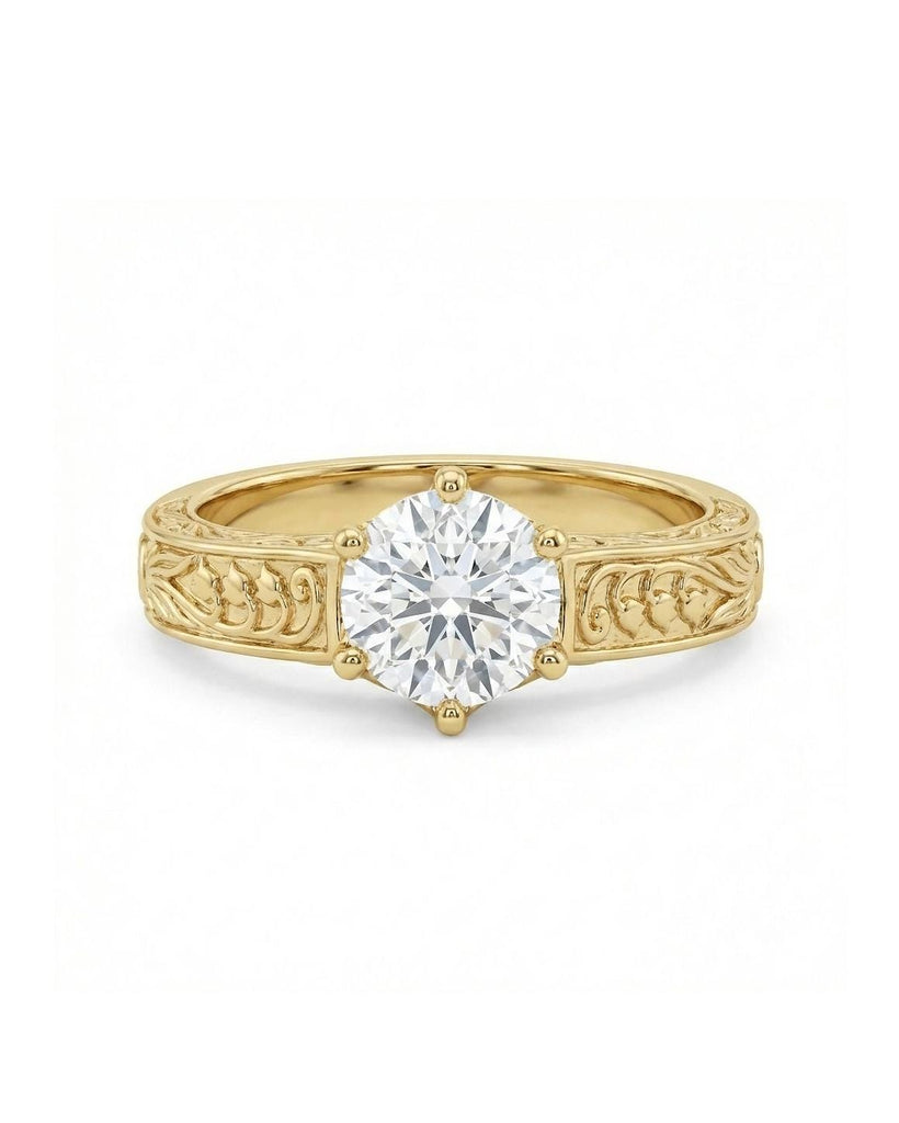 Gold Art Nouveau Ring | Lab Diamond Solitaire Engagement Ring | Women Promise Ring | Delicate Bridal Jewelry