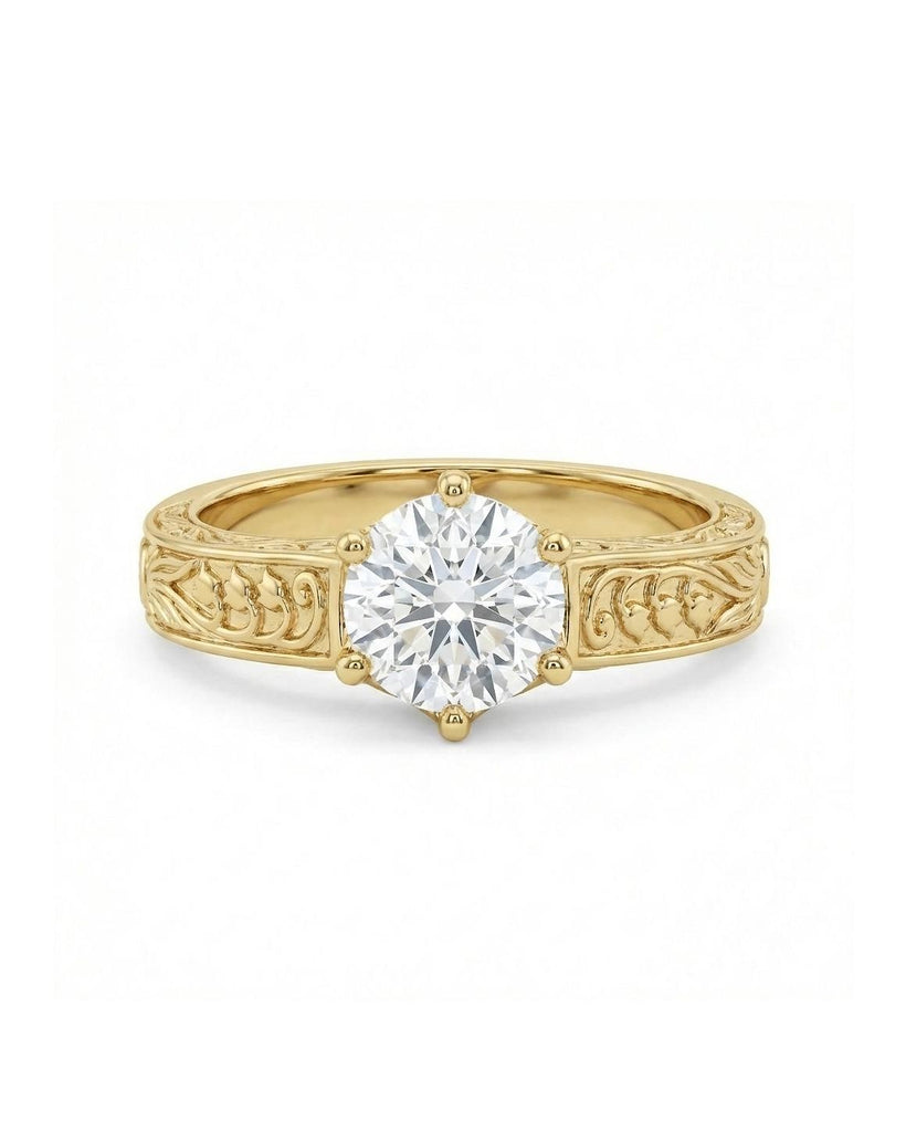 Gold Art Nouveau Ring | Lab Diamond Solitaire Engagement Ring | Women Promise Ring | Delicate Bridal Jewelry