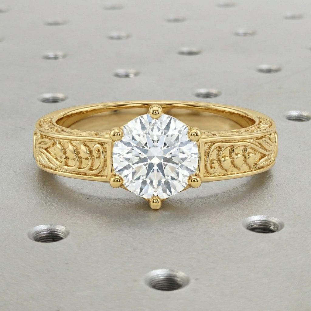 Gold Art Nouveau Ring | Lab Diamond Solitaire Engagement Ring | Women Promise Ring | Delicate Bridal Jewelry image #4
