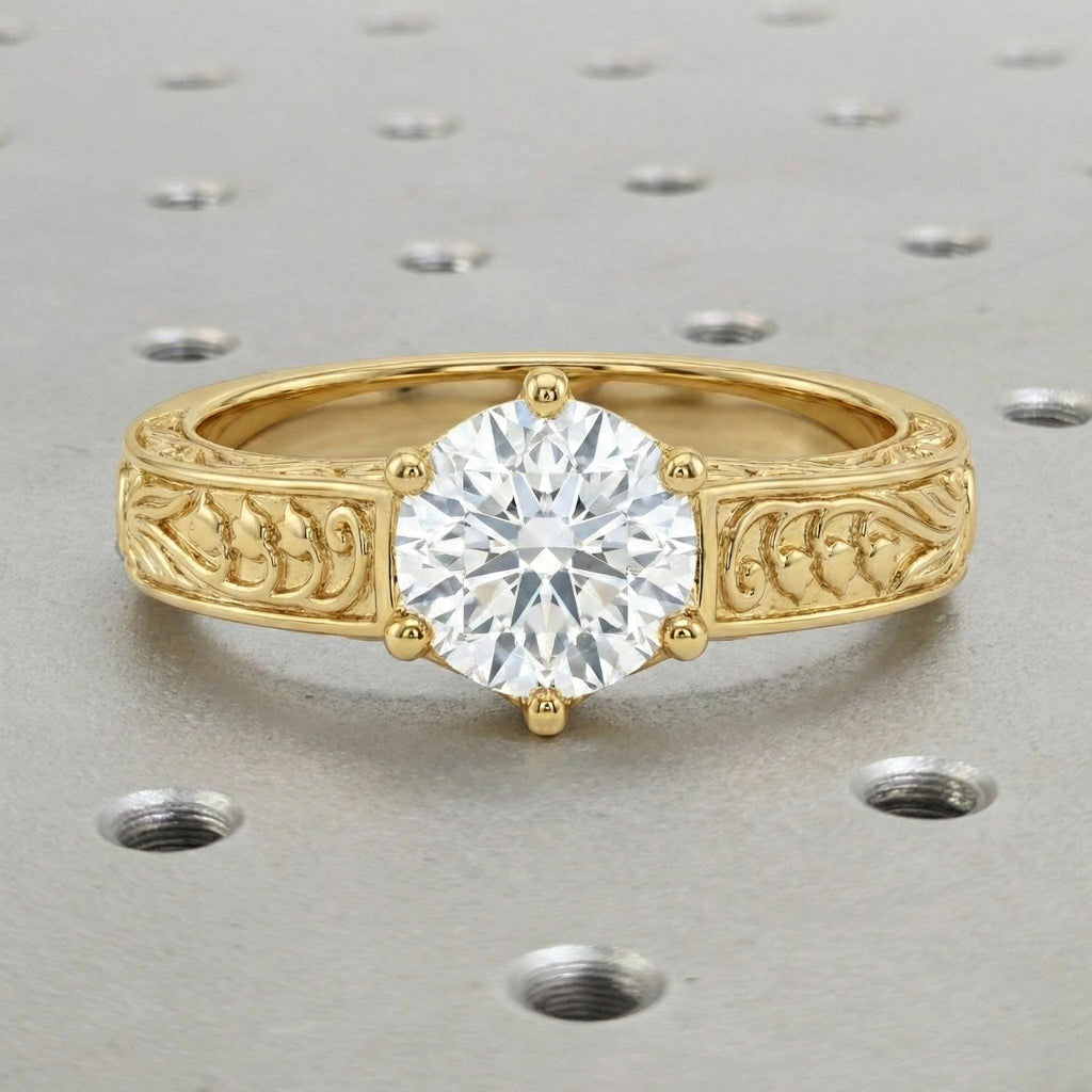 Gold Art Nouveau Ring | Lab Diamond Solitaire Engagement Ring | Women Promise Ring | Delicate Bridal Jewelry image #4