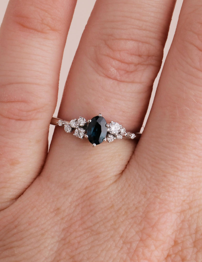 Natural Deep Blue Sapphire Engagement Ring, 14K White Gold Snowdrift Diamond Cluster, September Birthstone, Unique Wedding Ring image #3