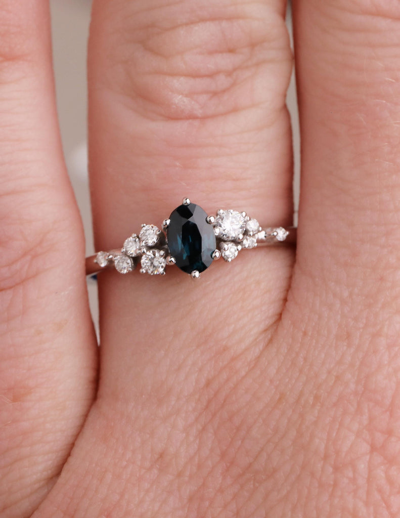 Natural Deep Blue Sapphire Engagement Ring, 14K White Gold Snowdrift Diamond Cluster, September Birthstone, Unique Wedding Ring image #6