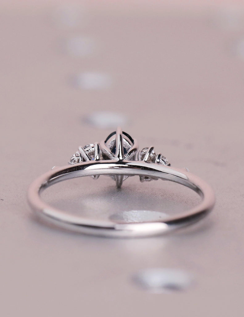 Natural Deep Blue Sapphire Engagement Ring, 14K White Gold Snowdrift Diamond Cluster, September Birthstone, Unique Wedding Ring image #4