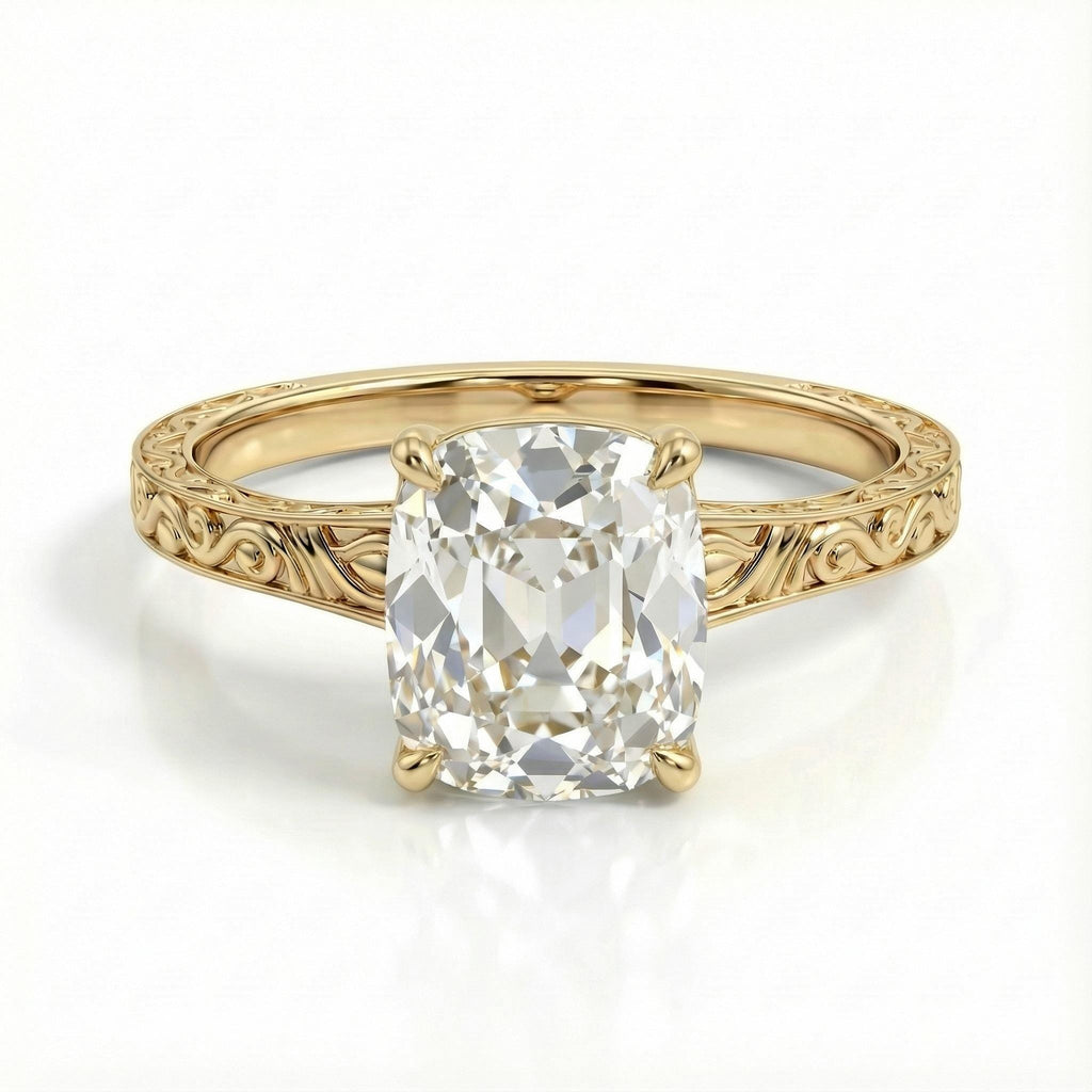 Antique Old Mine cut Elongate Cushion Wedding Anniversary Ring: CVD Diamond Solitaire, Hand Engrave Filigree Band image #2
