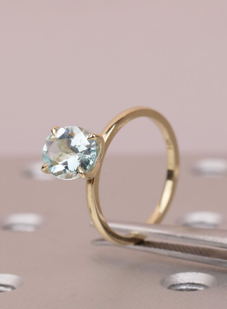 1.5ct Aquamarine Engagement Ring, Oval 14K Yellow Gold Solitaire, Talon Prong Setting, Bridal Gold Ring, Anniversary Wedding Promise Ring image #8