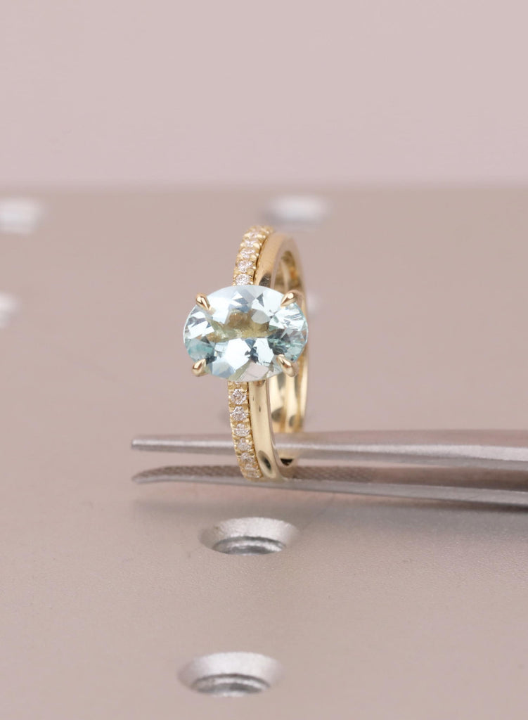 Aquamarine Engagement Ring Set, Diamond Pave Band Matching Ring, Oval Light Blue Aquamarine 14K Yellow Gold Bridal Set, March Birthstone