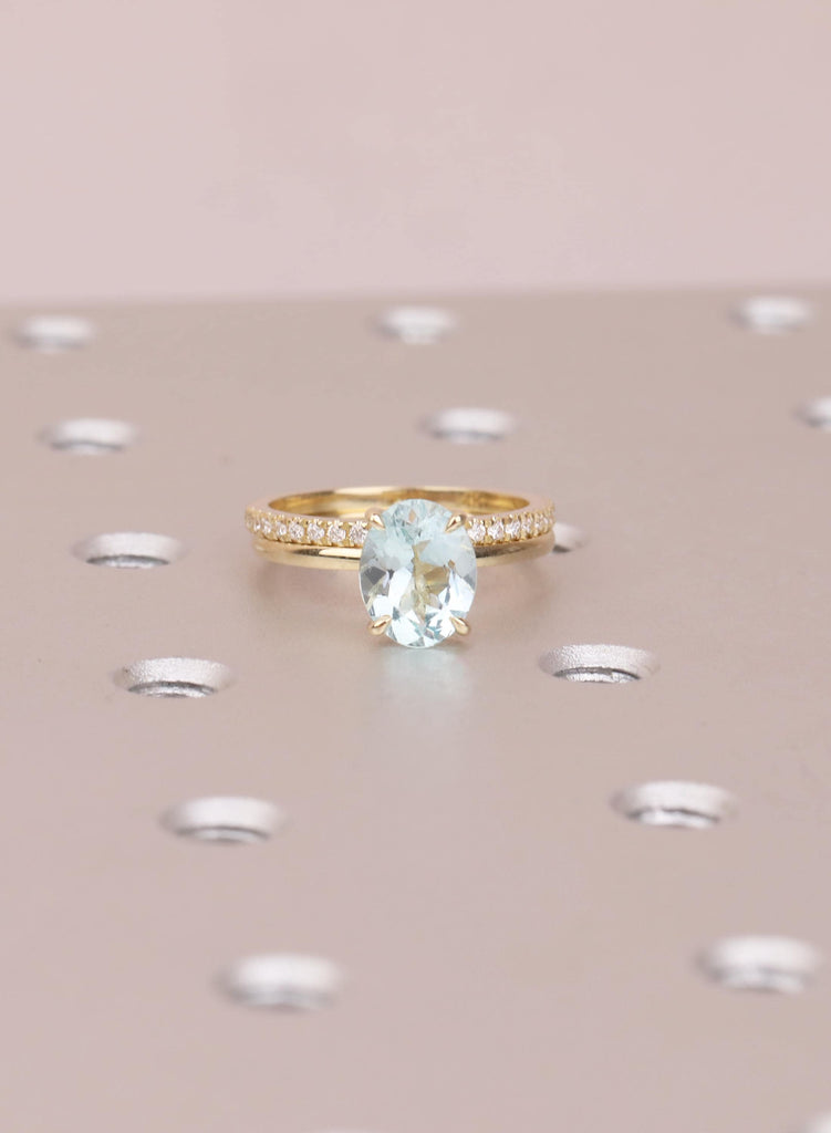 Oval Aquamarine Ring Set, Moissanite Pave Wedding Band, Yellow Gold, Bridal Set image #12