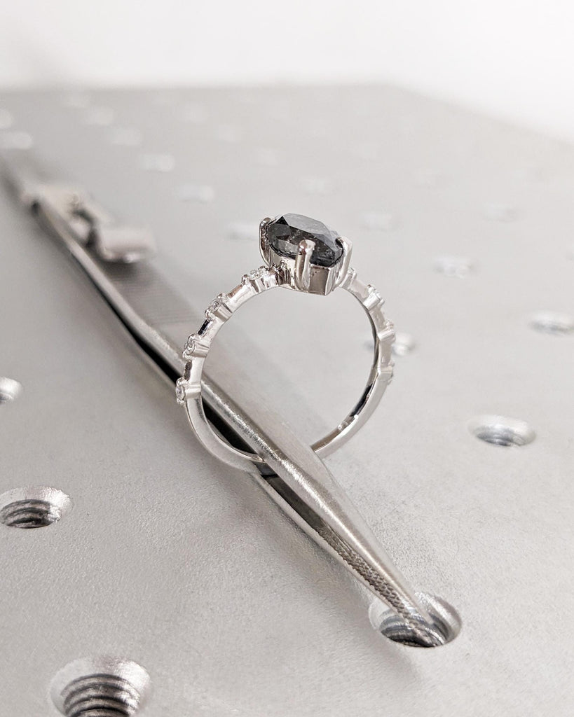 Marquise Salt and Pepper Diamond Wedding Ring | Unique Diamond Wedding Band | Minimalist Diamond Ring | Dainty Ring | Platinum or Solid Gold image #3