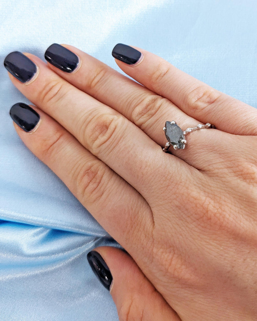 Marquise Salt and Pepper Diamond Wedding Ring | Unique Diamond Wedding Band | Minimalist Diamond Ring | Dainty Ring | Platinum or Solid Gold image #2