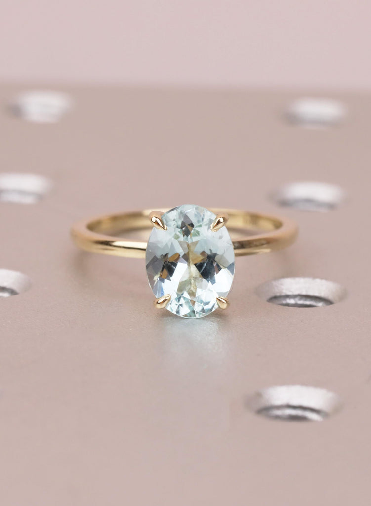 1.5ct Aquamarine Engagement Ring, Oval 14K Yellow Gold Solitaire, Talon Prong Setting, Bridal Gold Ring, Anniversary Wedding Promise Ring